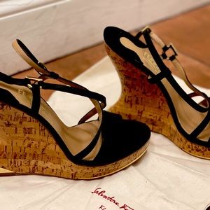Salvatore Ferragamo cork sole leather strappy sandals; Size 8 1/2 B; wedge 5”